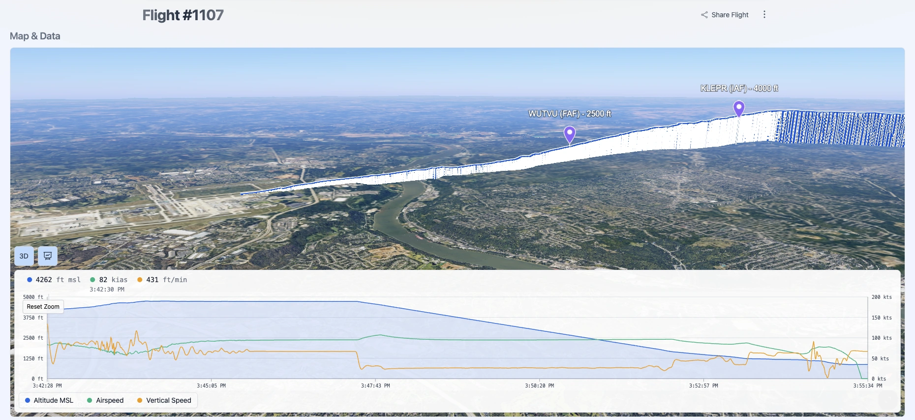 Replay a flight in Shirley's 3D debrief with the map and data view